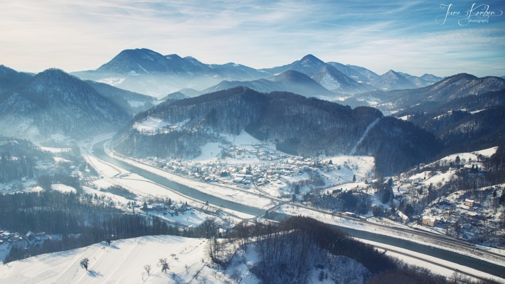 Aerial view towards the town of Lasko, Slovenia