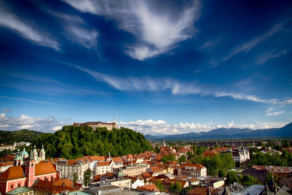 Panorama of the Slovenian capital Ljubljana with Ljubljana Castle from the Neboticnik skyscraper