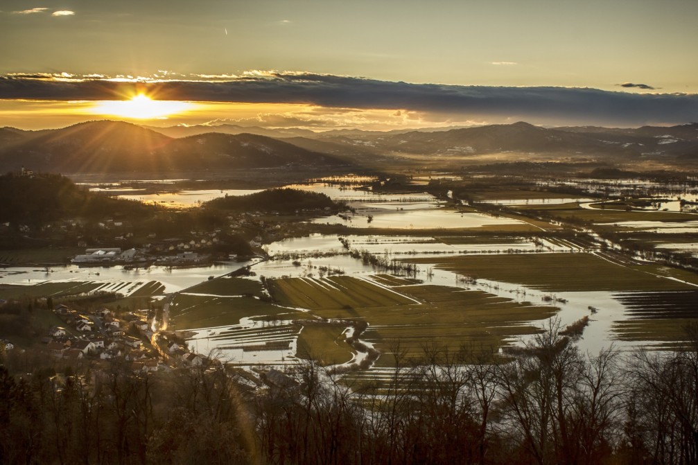 Flooded western rim of the Ljubljana Marshes, viewed from St. Anne Hill above Podpec, Slovenia