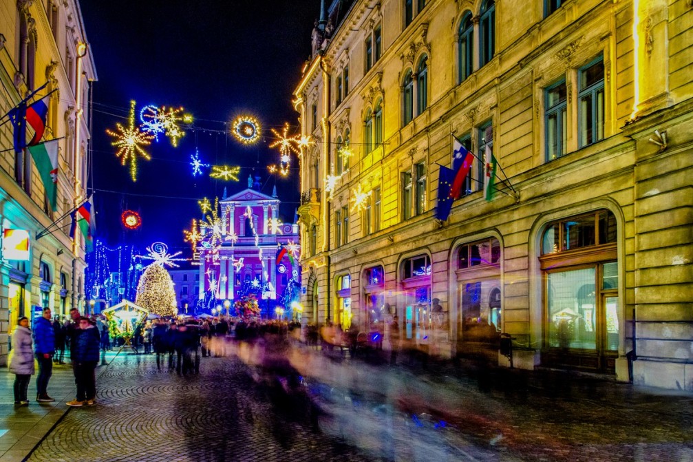 Christmas lightening based around the theme of the universe in Ljubljana, the capital Slovenia