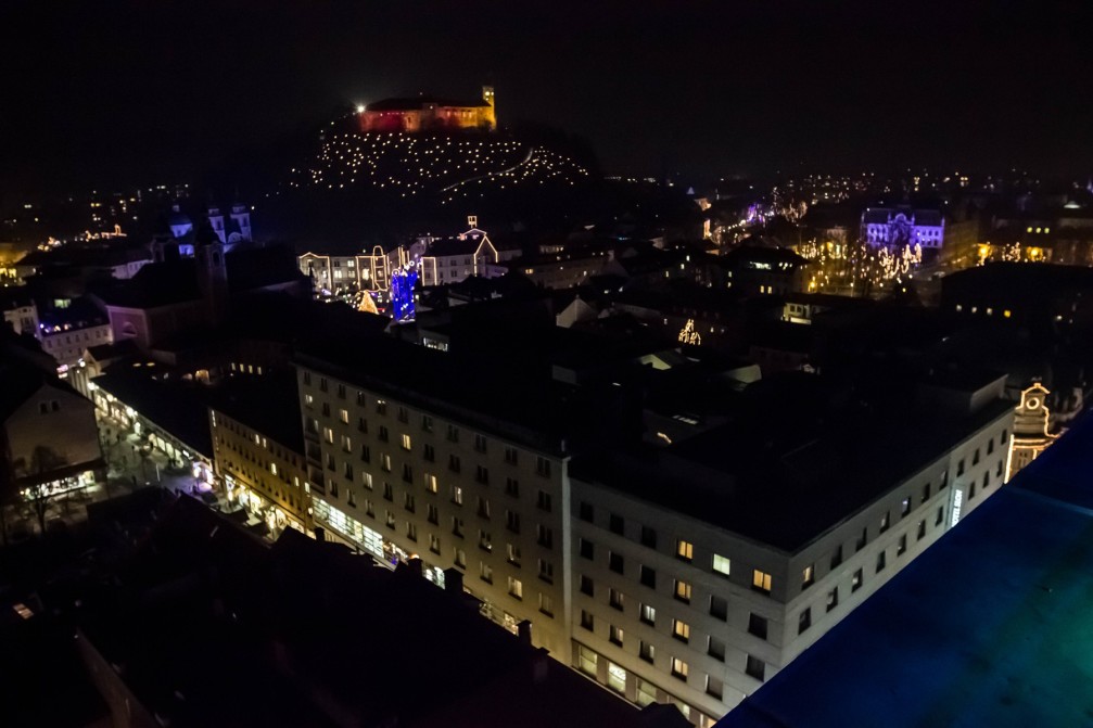 Beautiful view of Slovenia's capital Ljubljana at night with Christmas lights