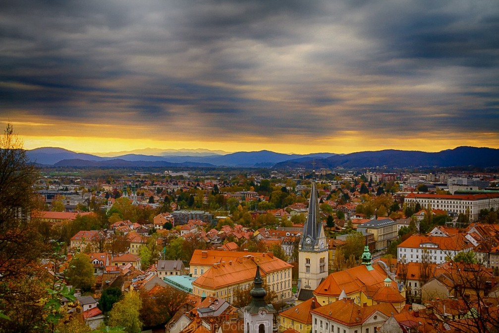 Beautiful panorama of Ljubljana, the capital of Slovenia from the Ljubljana Castle in fall