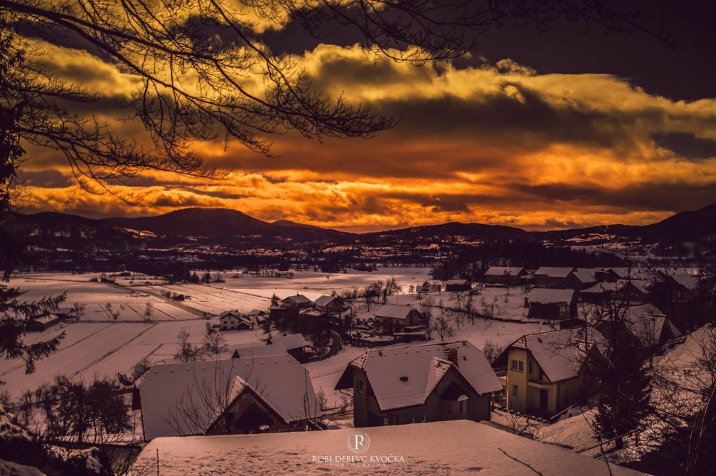 Sunrise over the village of Mala Ligojna, Slovenia