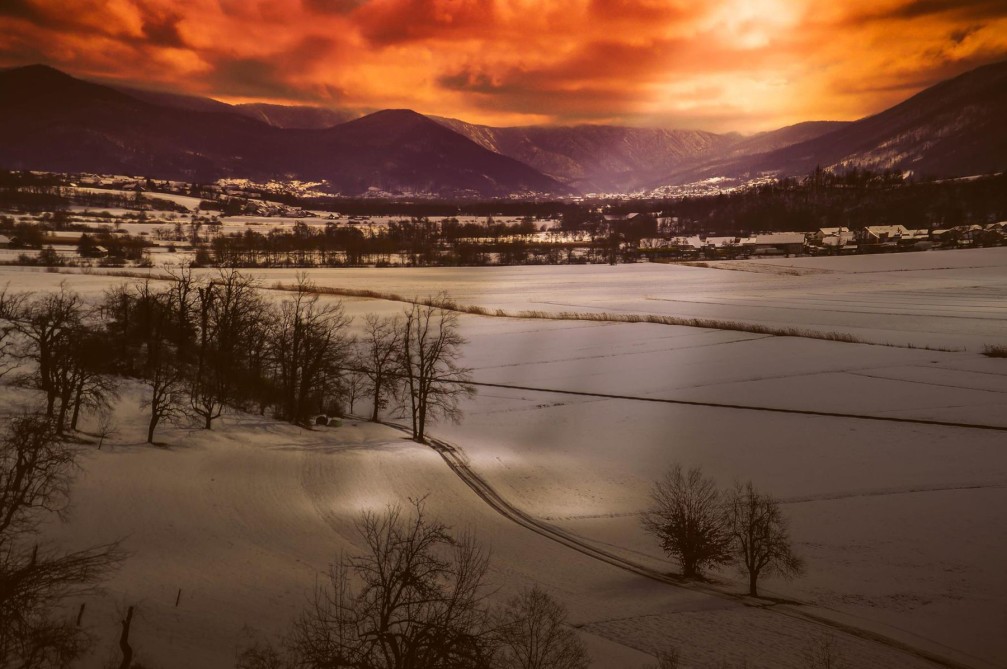 Winter landscape near the Mala Ligojna village, north of Vrhnika, Slovenia