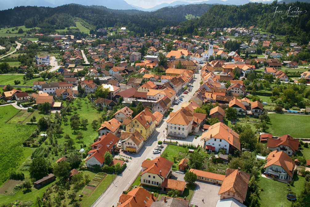 Aerial view of the town of Mozirje, Slovenia with its Church of St. George
