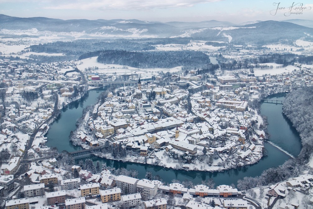 Aerial view of Novo Mesto, the capital city of the Lower Carniola region of Slovenia