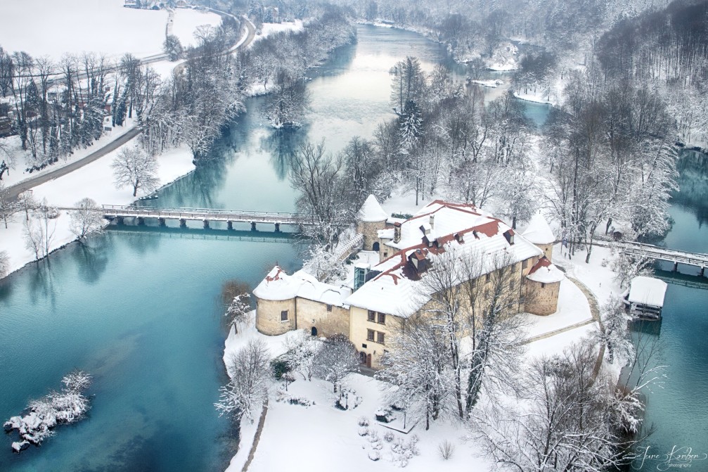 Aerial view of the Otocec Castle near the town of Novo Mesto, Slovenia