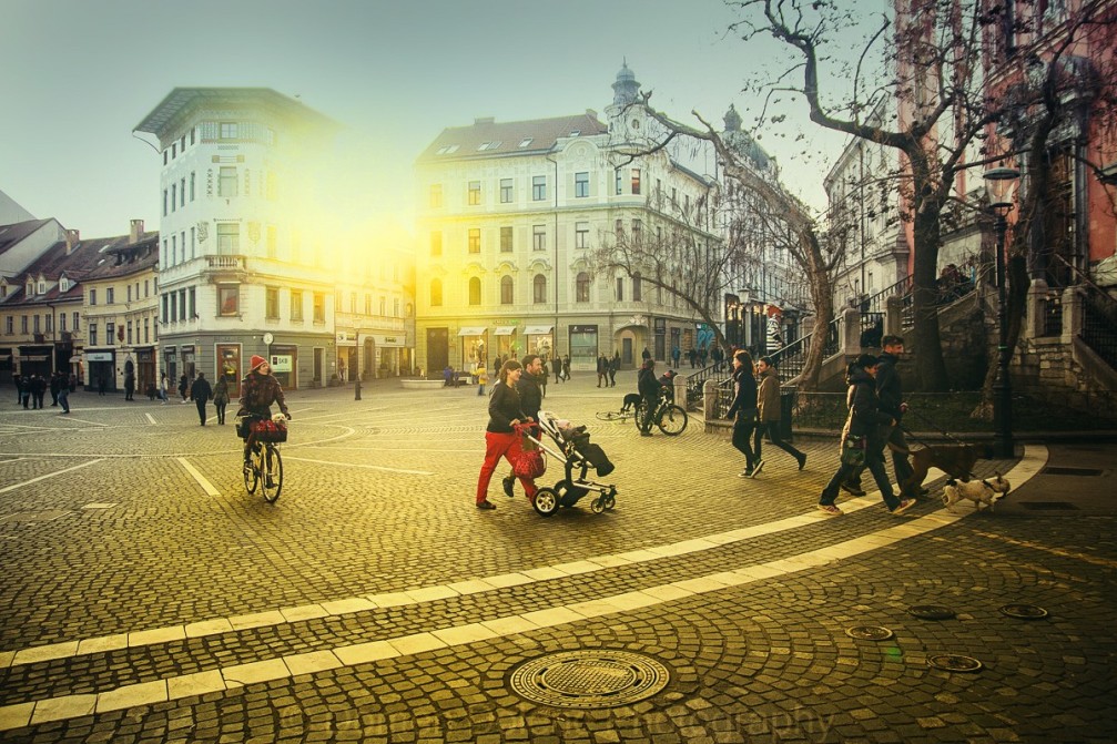 Preseren Square, the circular main square in Slovenia's capital Ljubljana