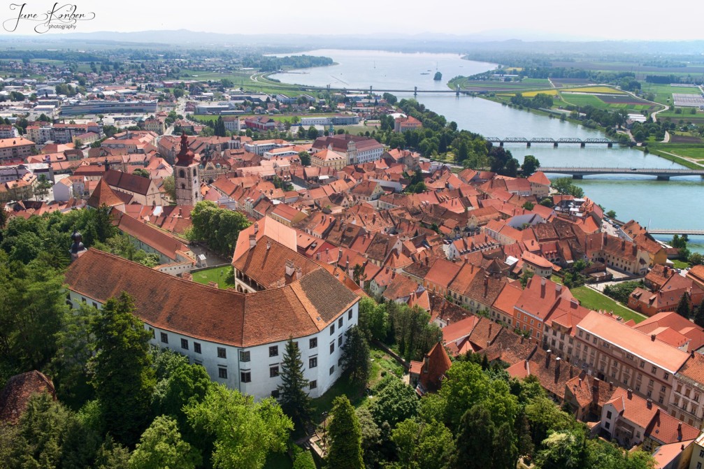 Aerial view of Ptuj, Slovenia with its hilltop castle and bridges over the Drava river