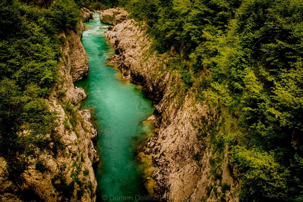 View of the Soca river from the Napoleon Bridge near Kobarid, Slovenia