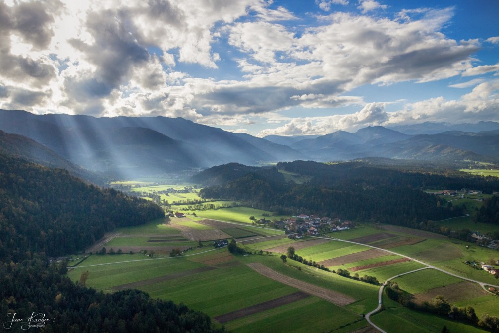 Aerial view of the green Upper Savinja Valley in the Lower Styria region of Slovenia