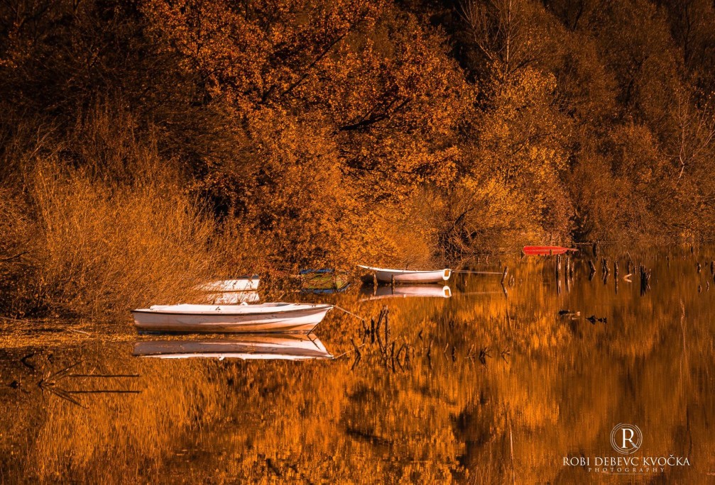 Small boats and autumn foliage along the shorelines of the Verd pond, Slovenia