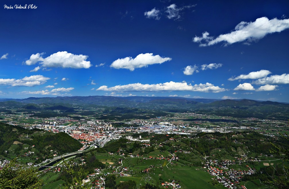 Elevated view of Celje, Slovenia from the summit of the Grmada Hill