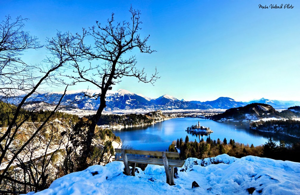 Beautiful view of Lake Bled and its island and castle in winter with a blanket of snow