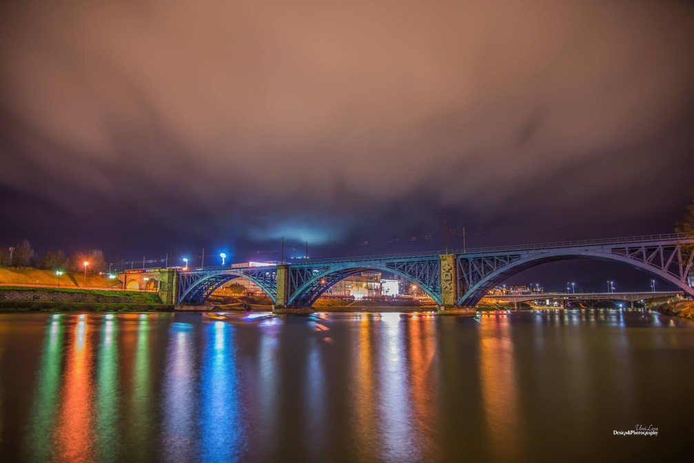 The blue Railway Bridge over the Drava river in Maribor, Slovenia