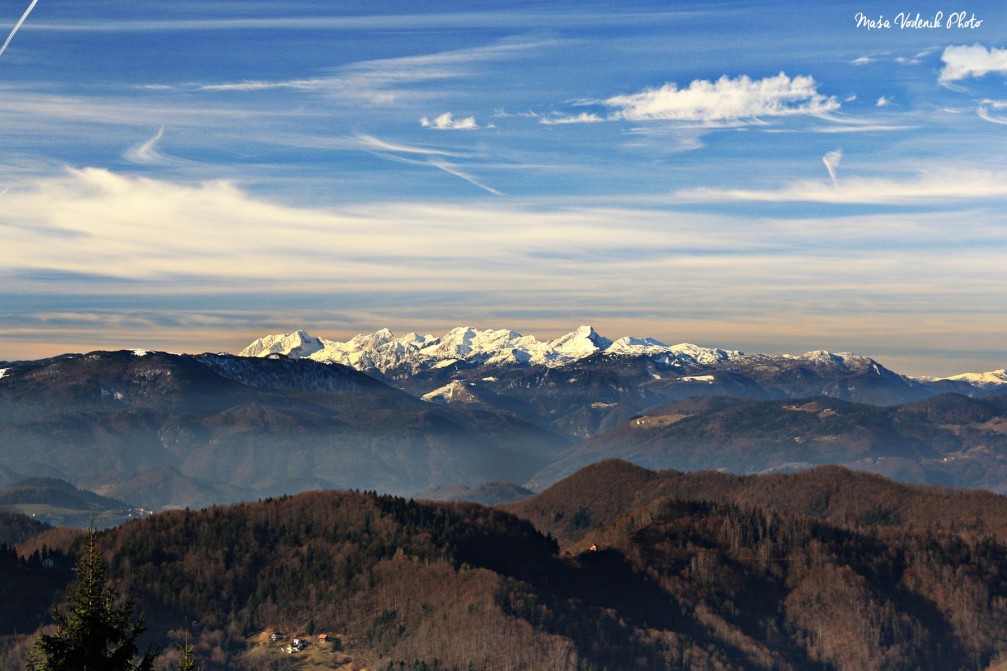 View of the Slovenian mountains from the peak of Mrzlica in the Sava Hills