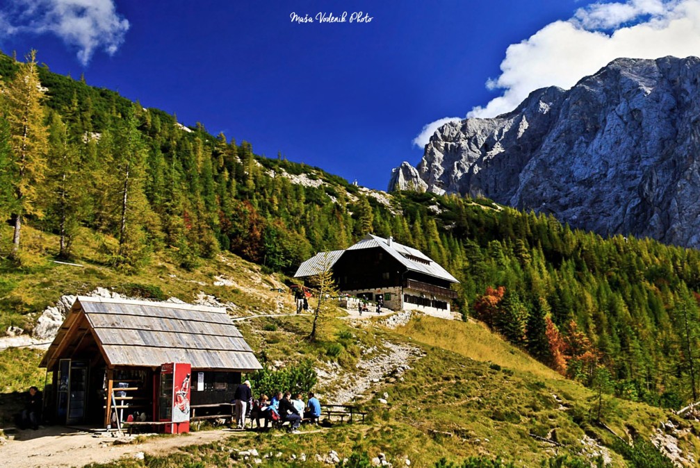 The Ticarjev Dom hut on the Vrsic mountain pass in the Julian Alps in Slovenia