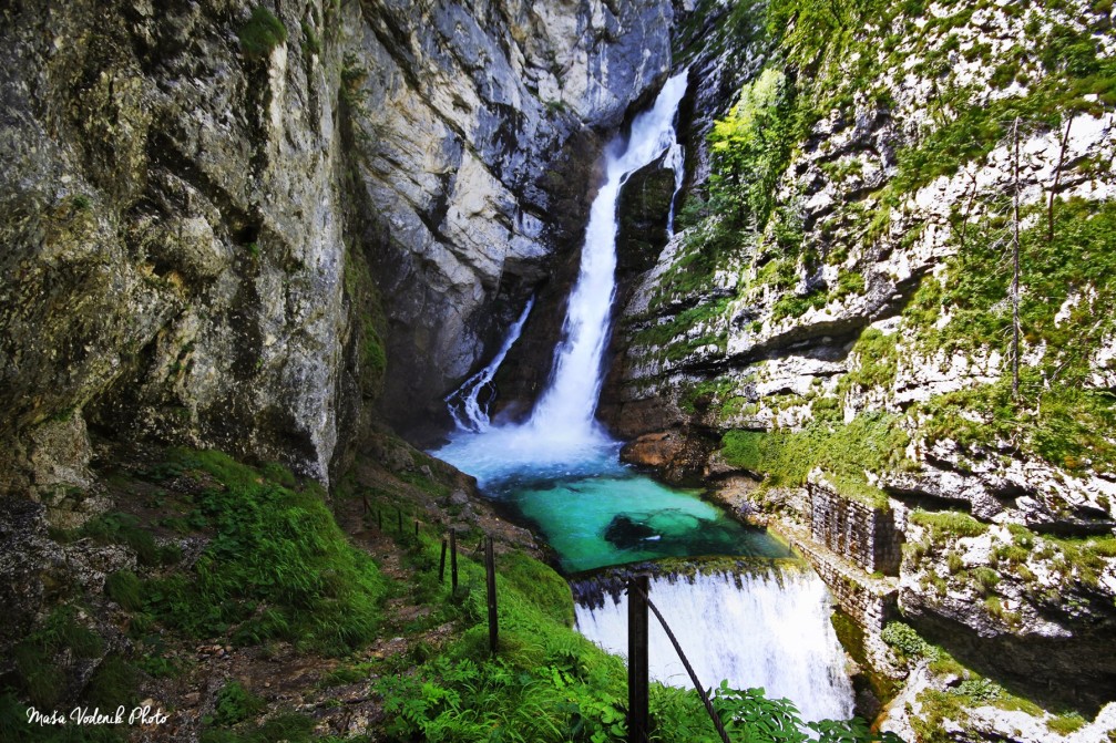 The beautiful Savica waterfall above Lake Bohinj, Slovenia