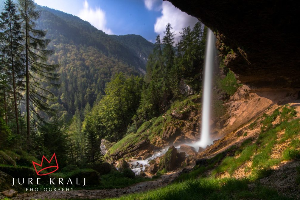 A behind view of the Pericnik waterfall in the Triglav National Park near Mojstrana, Slovenia