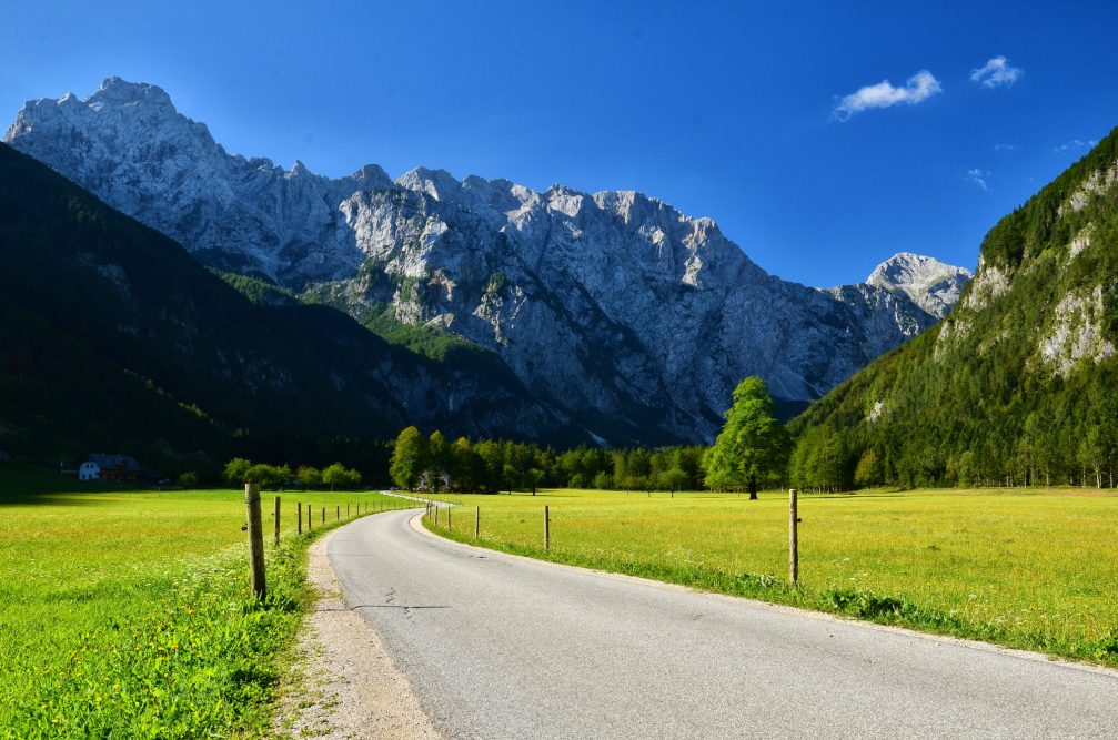 A view at the entrance into the Logarska Dolina Valley in Solcava from the road