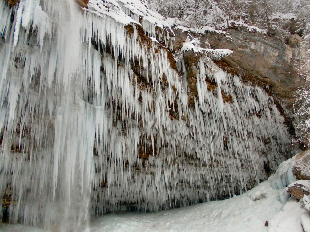 Waterfall Pericnik in winter with thousands of icicles