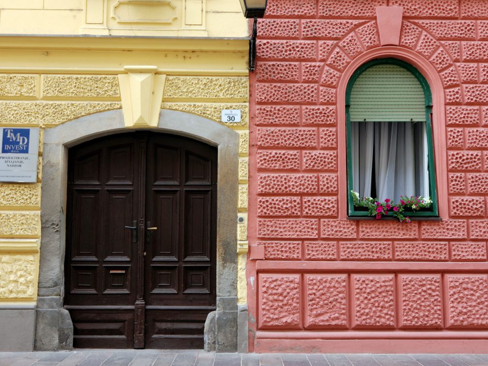 A detail of the Preseren street in Ptuj with colorful facades.