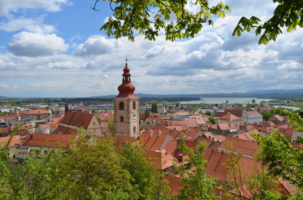 A wonderful panoramic view over Slovenia's oldest town Ptuj with Lake Ptuj in the background