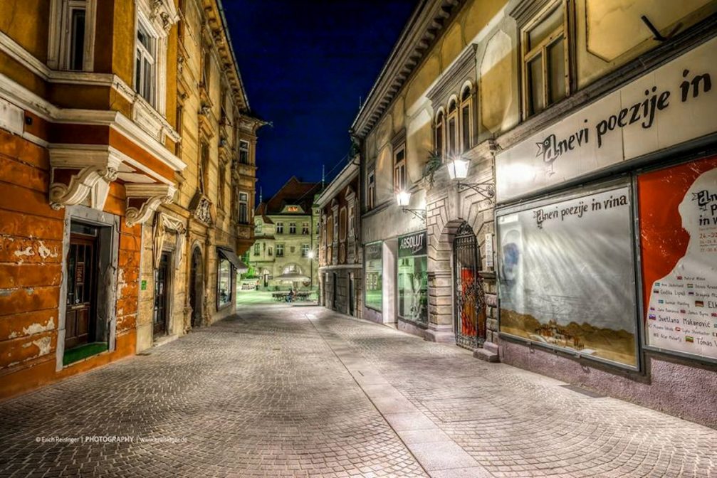 A street view in the old town centre of Ptuj, Slovenia at night