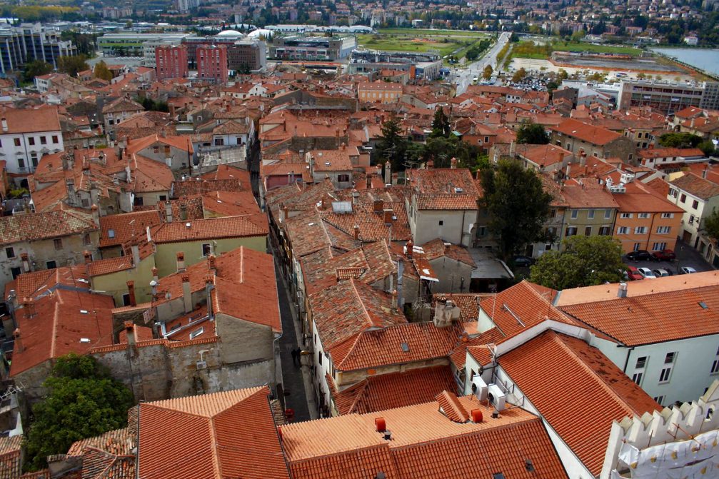 An elevated view over the old city centre of Koper from the bell tower