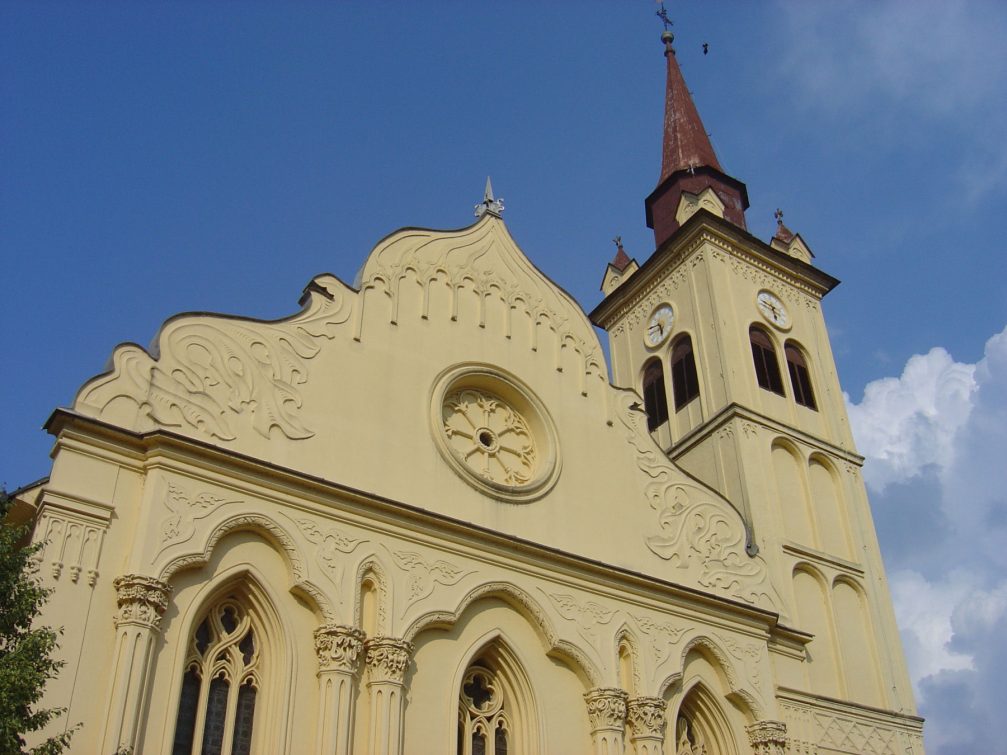 The yellow Franciscan Church of St. Leonard in Novo Mesto, Slovenia