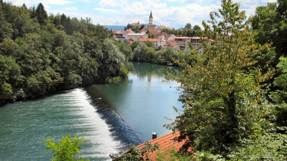 River Krka with the historic Old Town of Novo Mesto in the background