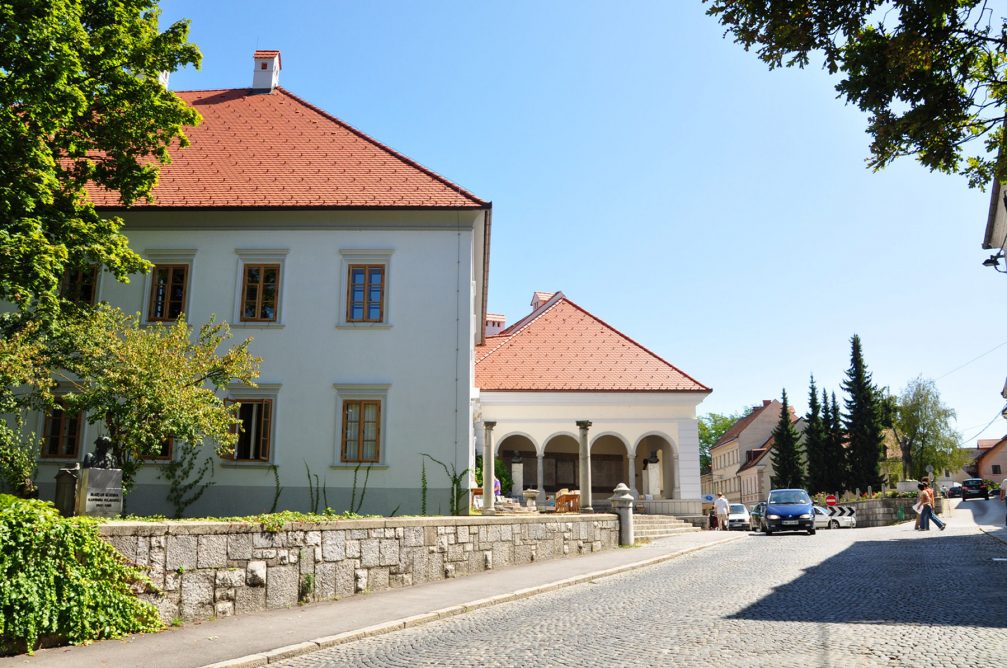 A view of the Rozmanova Ulica street in the centre of Novo Mesto, Slovenia