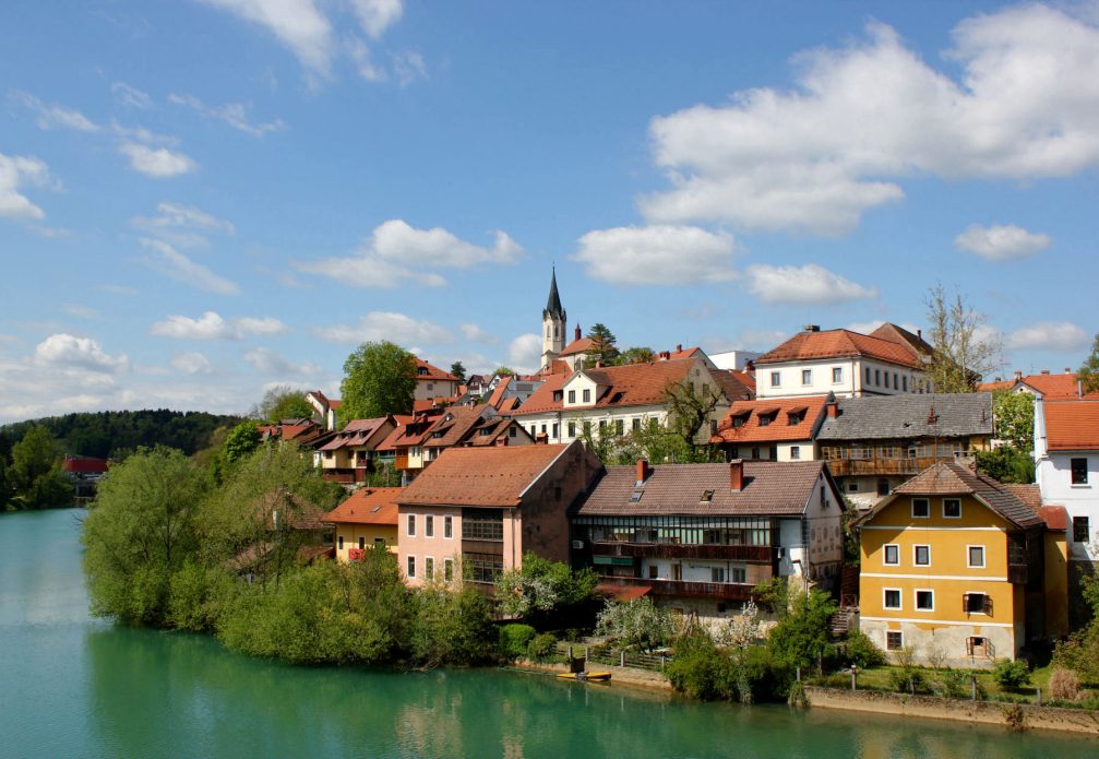 Novo Mesto old city centre on the Drava river, Slovenia