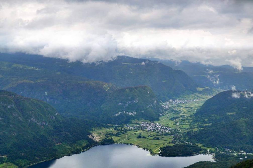 View of the Bohinj valley and the surrounding mountains of the Julian Alps from the Vogel viewpoint
