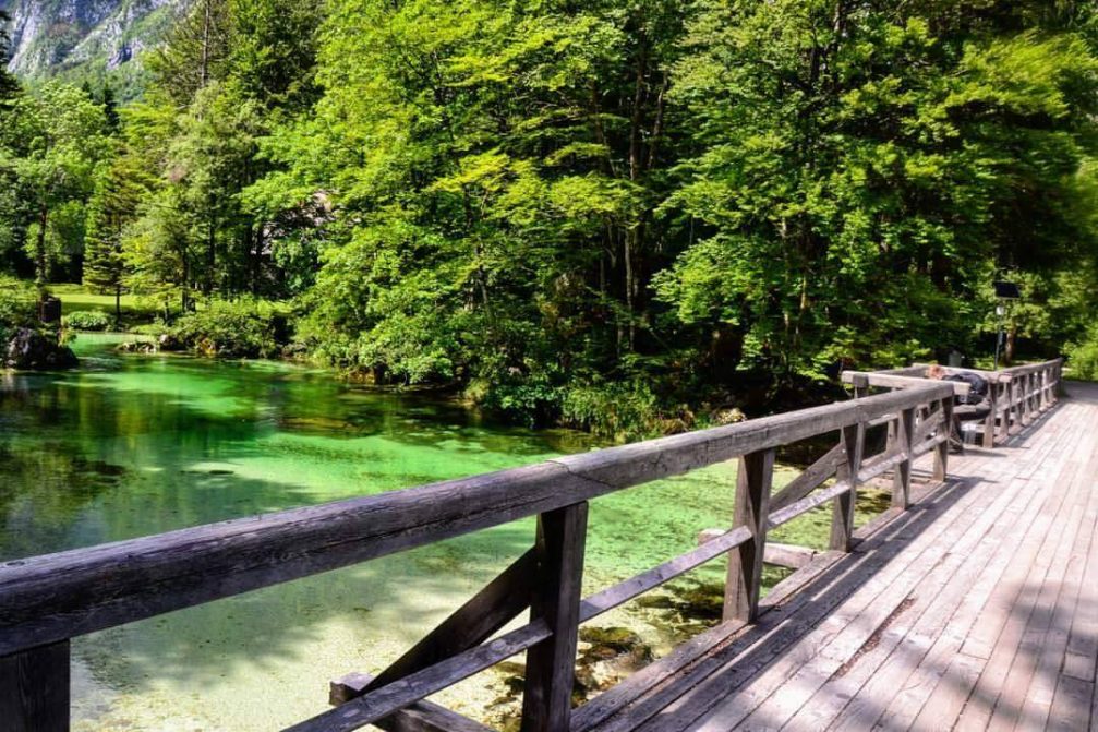 The wooden bridge over the Savica stream in Ukanc at the far end of Lake Bohinj