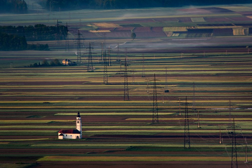 The Church of St. Ursula on the fields of Sorsko Polje in Slovenia