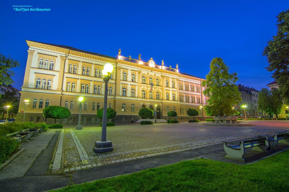 The General Maister square in Maribor with the neo-Renaissance building of the First Grammar School