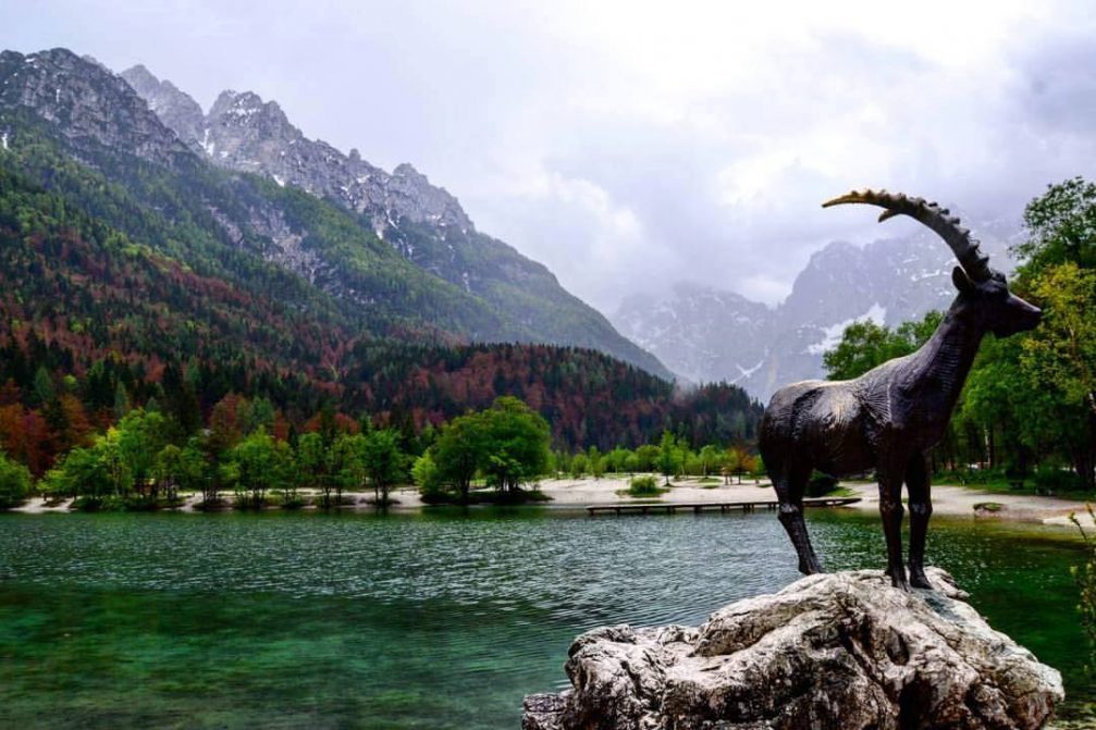 The statue of Goldhorn at the Lake Jasna, Kranjska Gora, Slovenia