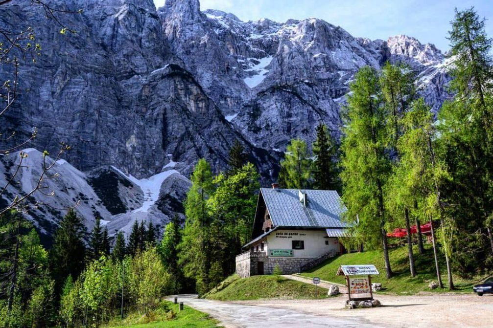 The Koca Na Gozdu mountain hut on the Vrsic mountain pass road in the Julian Alps