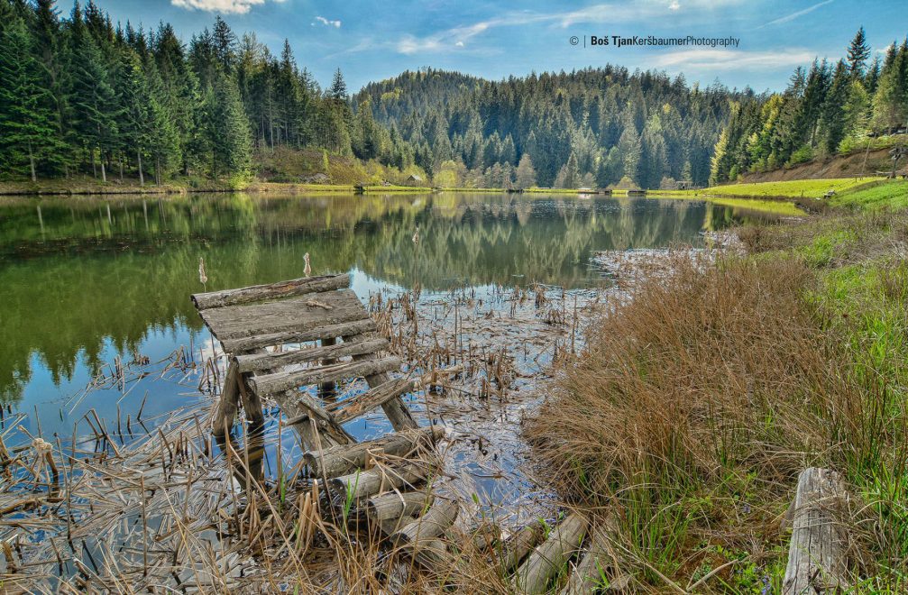 The beautiful Odomovo Jezero lake near Kapla na Kozjaku on Slovenia's northern border with Austria