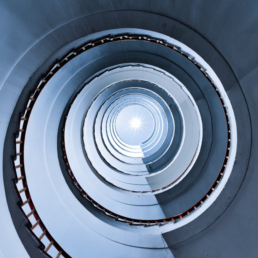 A view up the Art-Deco-style spiral staircase inside the Neboticnik skyscraper in Ljubljana, Slovenia