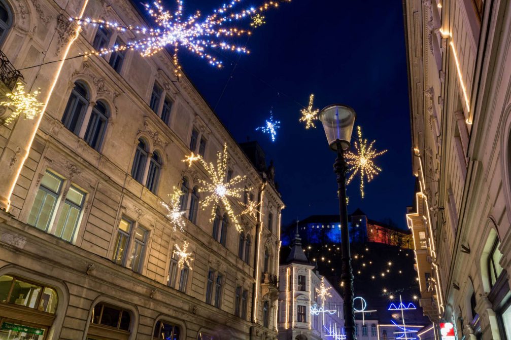 The festively decorated street in Ljubljana's Old Town