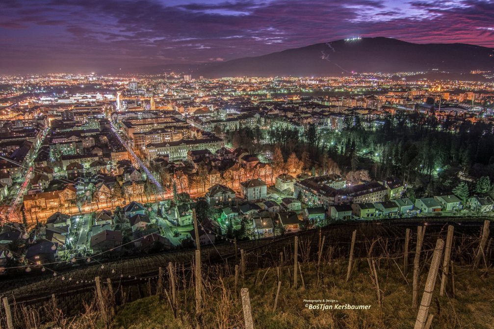 Beautiful elevated night view of the city of Maribor, Slovenia from the Piramida hill