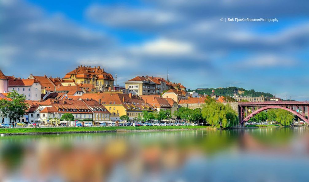 Maribor's old town district of Lent with historic buildings and plenty of vegetation