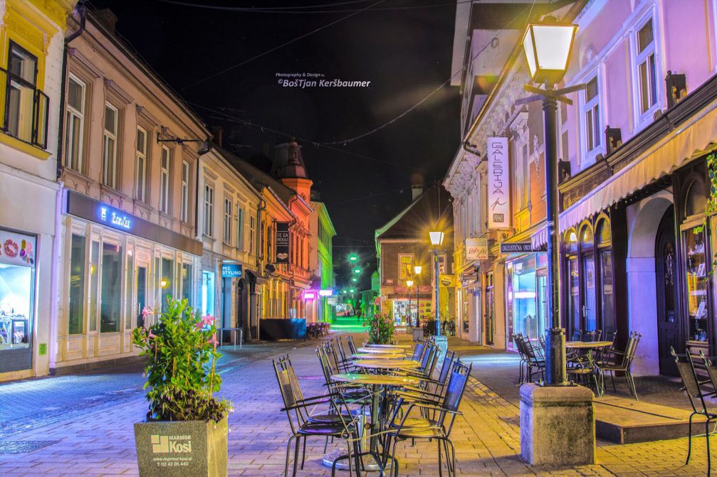 A street view in the old part of Maribor, Slovenia, at night