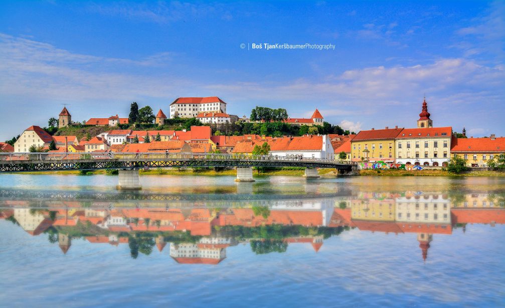 A beautiful view of the town of Ptuj, Slovenia, which is situated along the Drava river