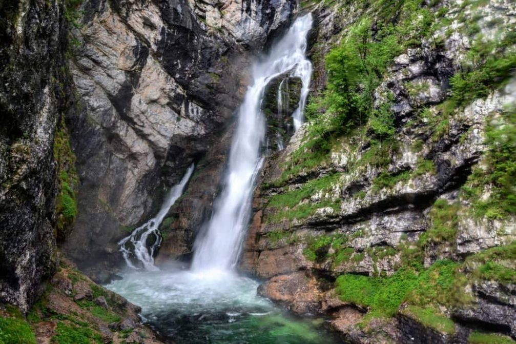 The powerful Savica waterfall in Triglav National Park above Lake Bohinj