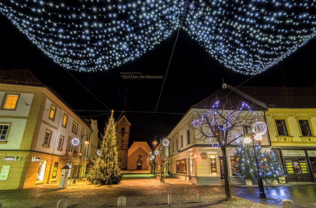 Slovenj Gradec city centre beautifully decorated with Christmas lights during the festive season