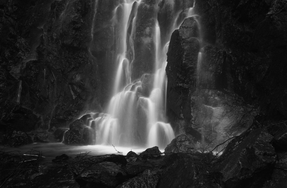 Waterfall Framski Slap a.k.a. Waterfall Skalca in the Pohorje Hills in black and white