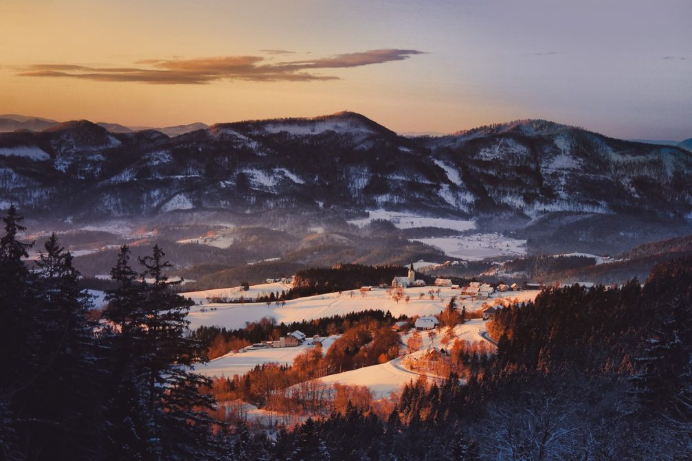 An elevated view of the Gorenje Pri Zrecah village located in the Pohorje Mountains in Slovenia